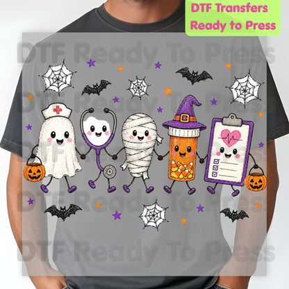 Spooky Nurse Squad DTF Transfers, Halloween Medical Characters Ghost Stethoscope Pill Bottle Ready to Press