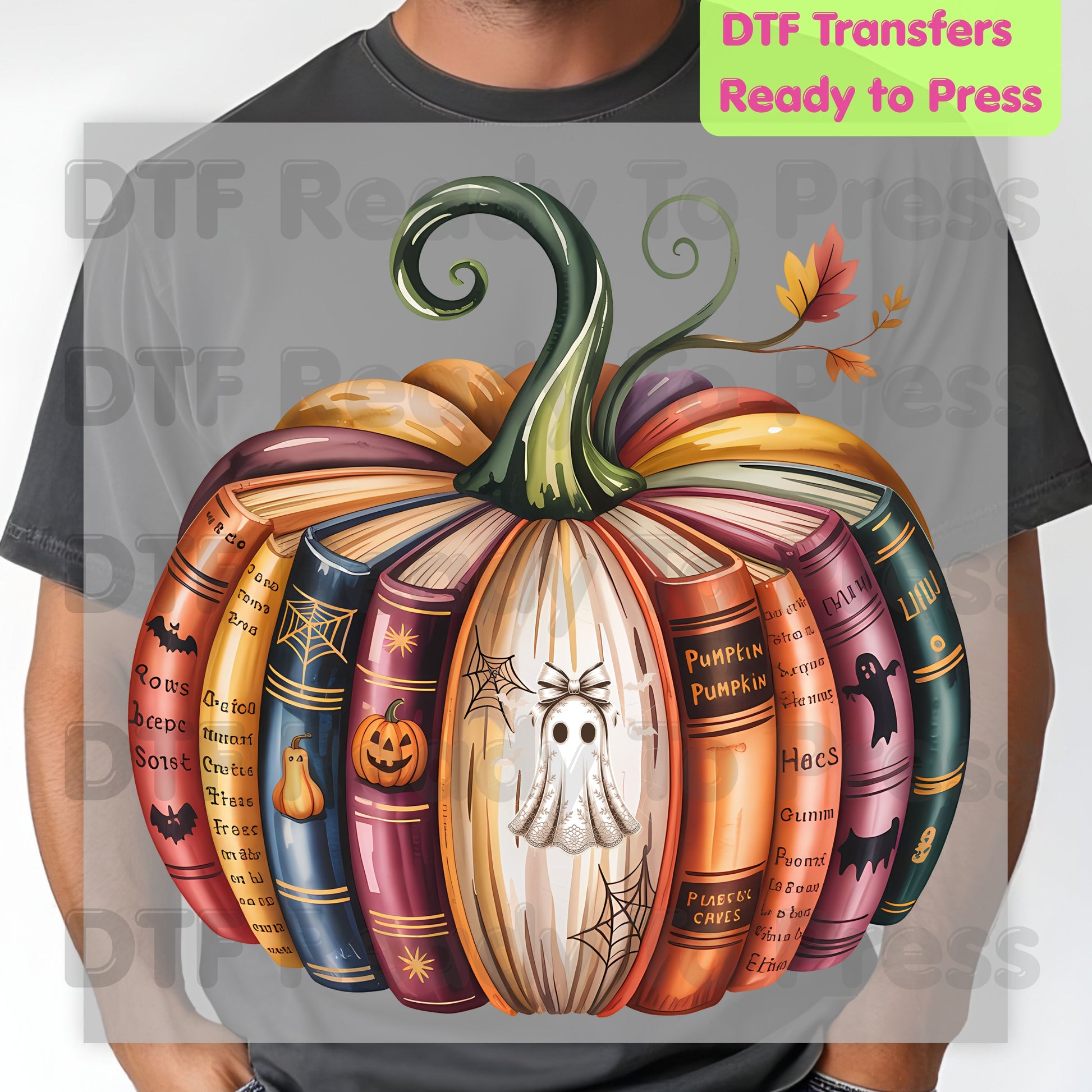 Bookish Pumpkin DTF Transfer Ready to Press Ghost Books Autumn Reader Spooky Books Heat Transfer Shirts Halloween Graphic Tees
