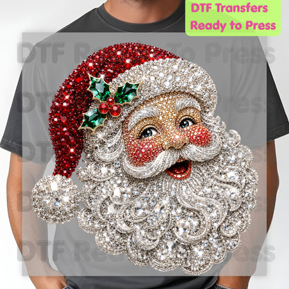 Christmas Santa Claus DTF Transfers, Vintage Bejeweled Rhinestone Santa Head Festive Holiday Ready to Press