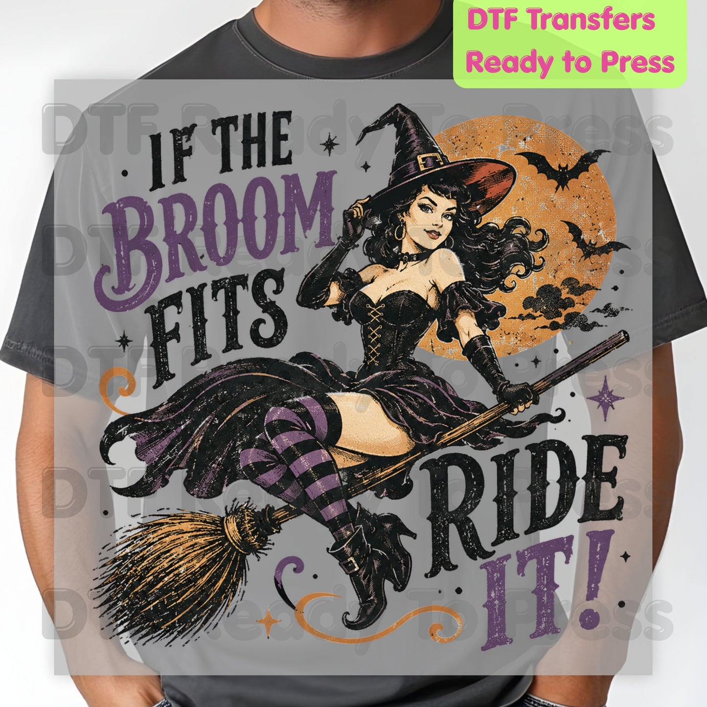 Vintage Halloween Witch DTF Transfers, If the Broom Fits Ride It Flying Witch Moon Spooky Ready to Press