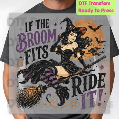 Vintage Halloween Witch DTF Transfers, If the Broom Fits Ride It Flying Witch Moon Spooky Ready to Press