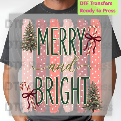Christmas Merry and Bright DTF Transfer Ready to Press Pink Christmas Tree Candy Cane Heat Transfer for Shirts Retro Holiday Xmas DTF Print Cute Xmas