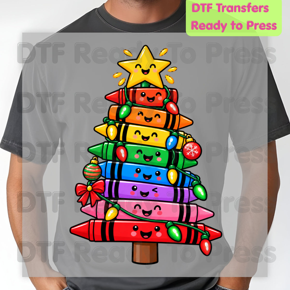 Christmas Crayon Tree DTF Transfers, Teacher School Rainbow Lights Holiday Ready to Press