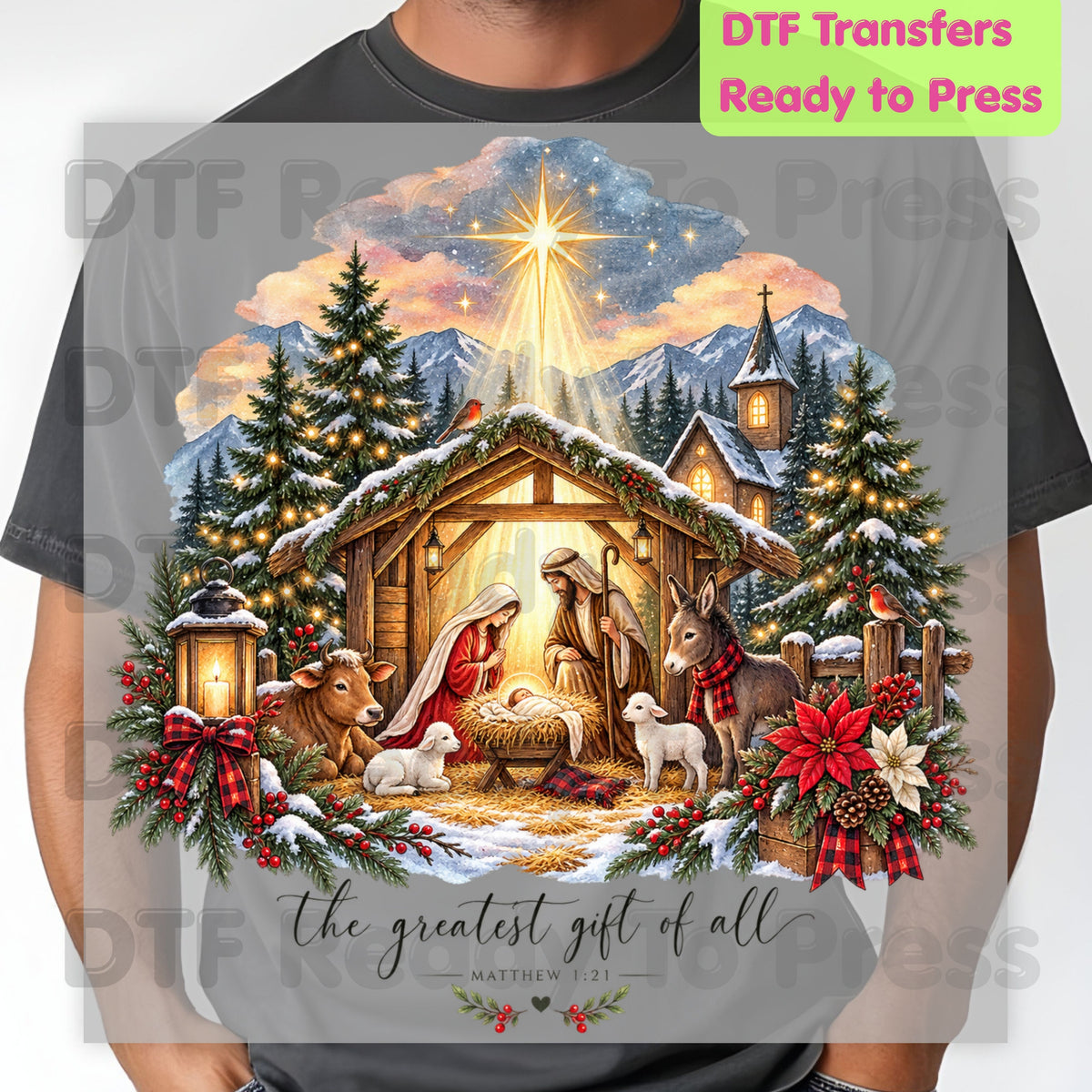Nativity Baby Jesus DTF Transfers, Greatest Gift of All Christian Christmas Ready to Press