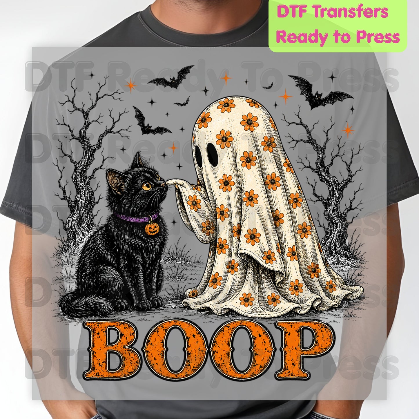 Halloween Ghost Boop DTF Transfers, Black Cat Ghost Spooky Season Ready to Press