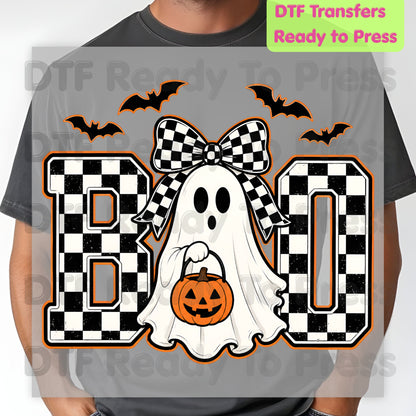 Boo Checkered Bow Ghost DTF Transfers, Halloween Pumpkin Bucket Bats Retro Ready to Press