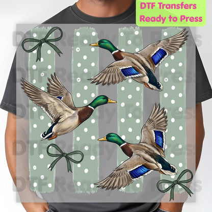 Flying Mallard Ducks DTF Transfers, Vintage Mallard Green Bows Polka Dot Coquette Hunting Ready to Press