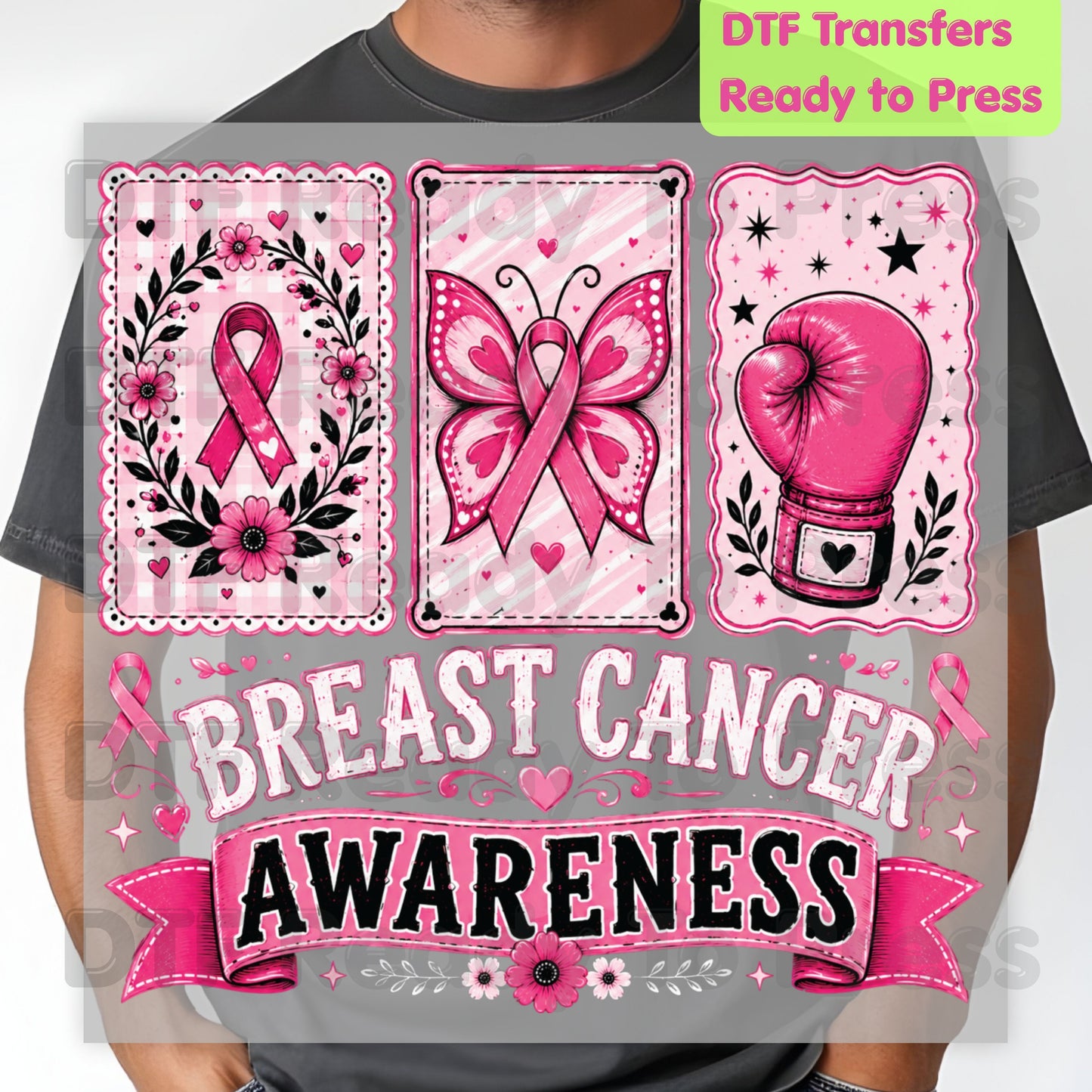 Breast Cancer DTF Transfer Ready to Press Pink Cards Ribbon Butterfly Boxing Glove Heat Transfer Tee Print Direct to Film