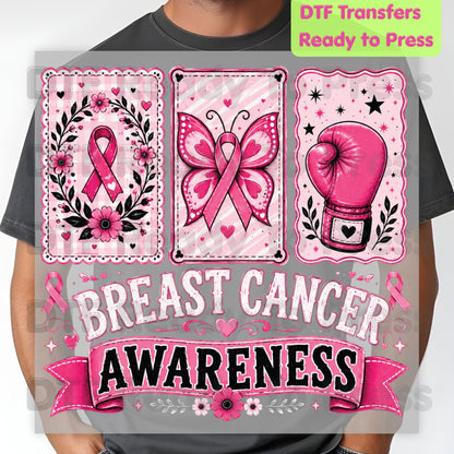 Breast Cancer DTF Transfer Ready to Press Pink Cards Ribbon Butterfly Boxing Glove Heat Transfer Tee Print Direct to Film