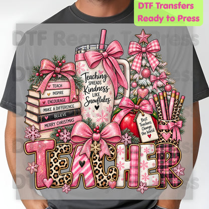 Christmas Pink Teacher Bow DTF Transfers, School Tumbler Leopard Holiday Ready to Press