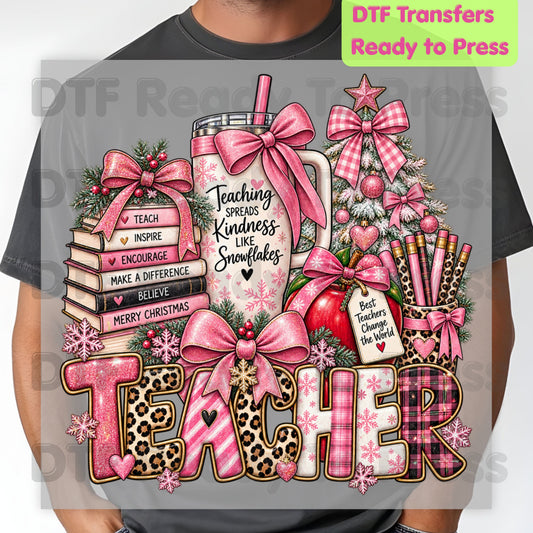 Christmas Pink Teacher Bow DTF Transfers, School Tumbler Leopard Holiday Ready to Press