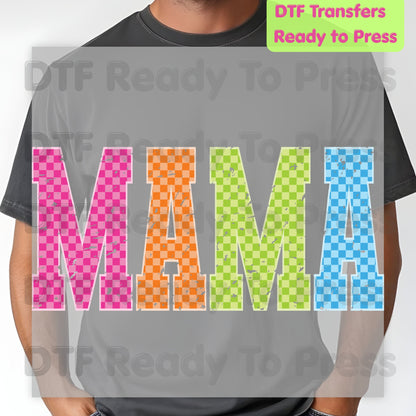 Mama DTF Transfers, Colorful Checkered Retro Distressed Mama Ready to Press