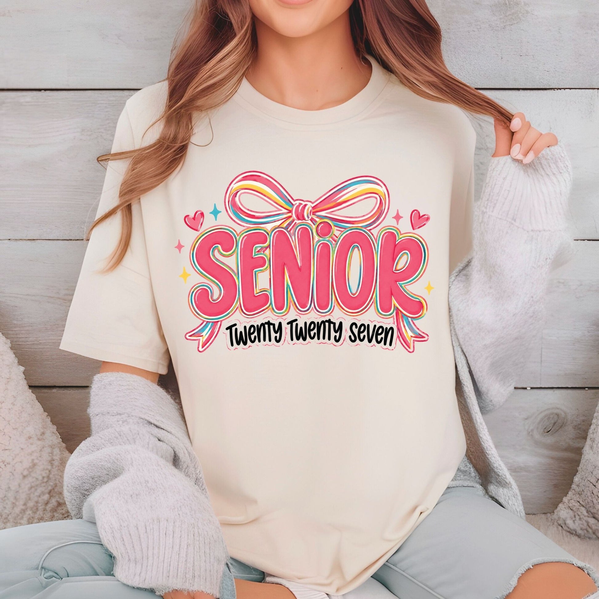 Senior Twenty Twenty Seven DTF Transfer Ready to Press Graduation Heat Transfer for Shirts Pink Multi Color Bow Retro Bubble Font Tee