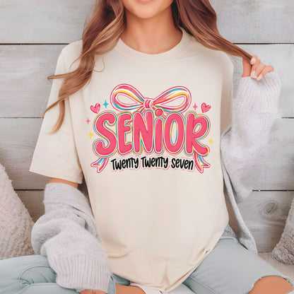 Senior Twenty Twenty Seven DTF Transfer Ready to Press Graduation Heat Transfer for Shirts Pink Multi Color Bow Retro Bubble Font Tee
