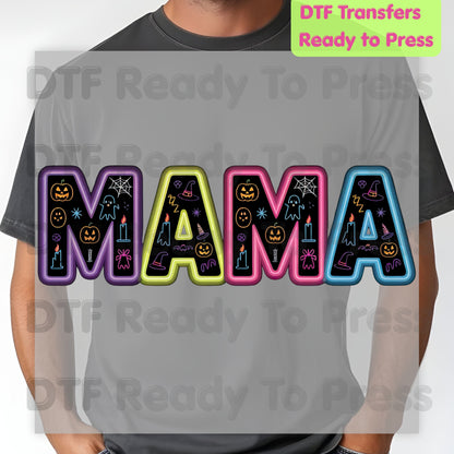 Halloween Mama DTF Transfers, Neon Spooky Doodle Ghost Pumpkin Witch Hat Ready to Press
