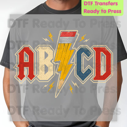 AB CD Lightning Bolt Pencil DTF Transfers, Rock N Roll Teacher Back to School Ready to Press