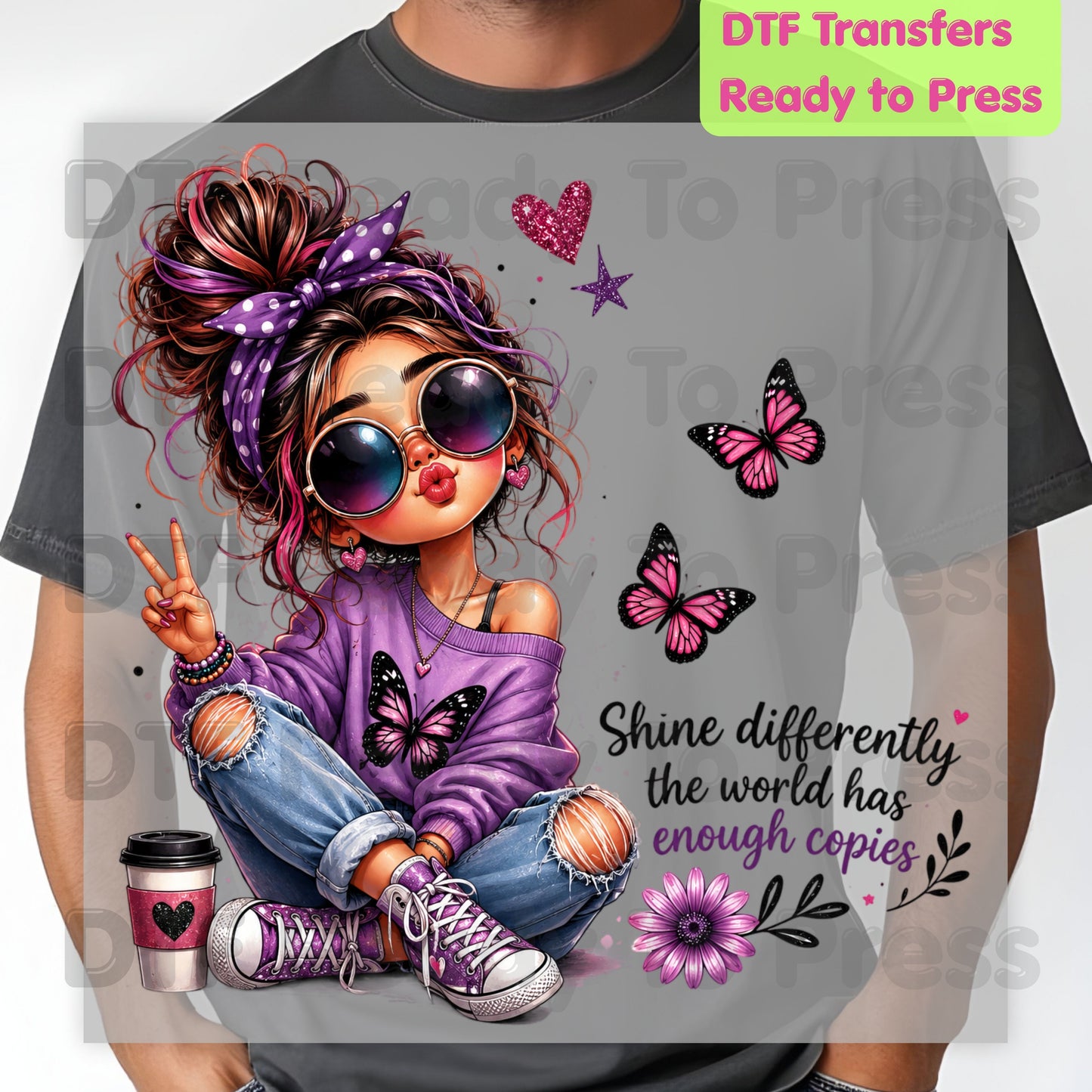 Shine Differently DTF Transfers, Purple Messy Bun Girl Butterfly Coffee Quote Ready to Press