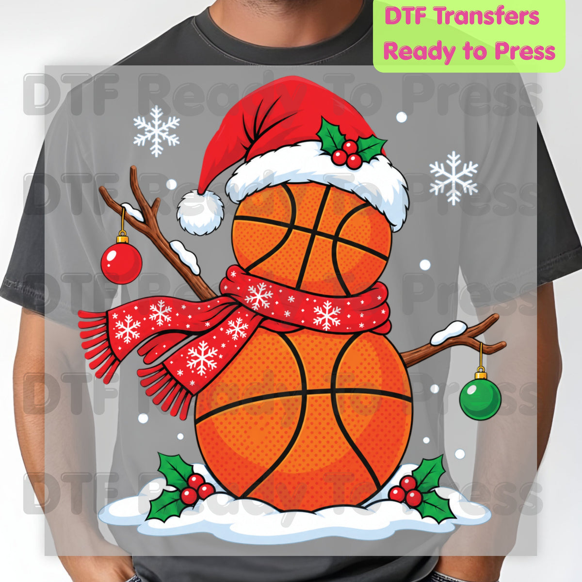 Christmas DTF Transfer, Basketball Snowman with Santa Hat and Scarf Graphic