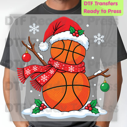 Christmas DTF Transfer, Basketball Snowman with Santa Hat and Scarf Graphic