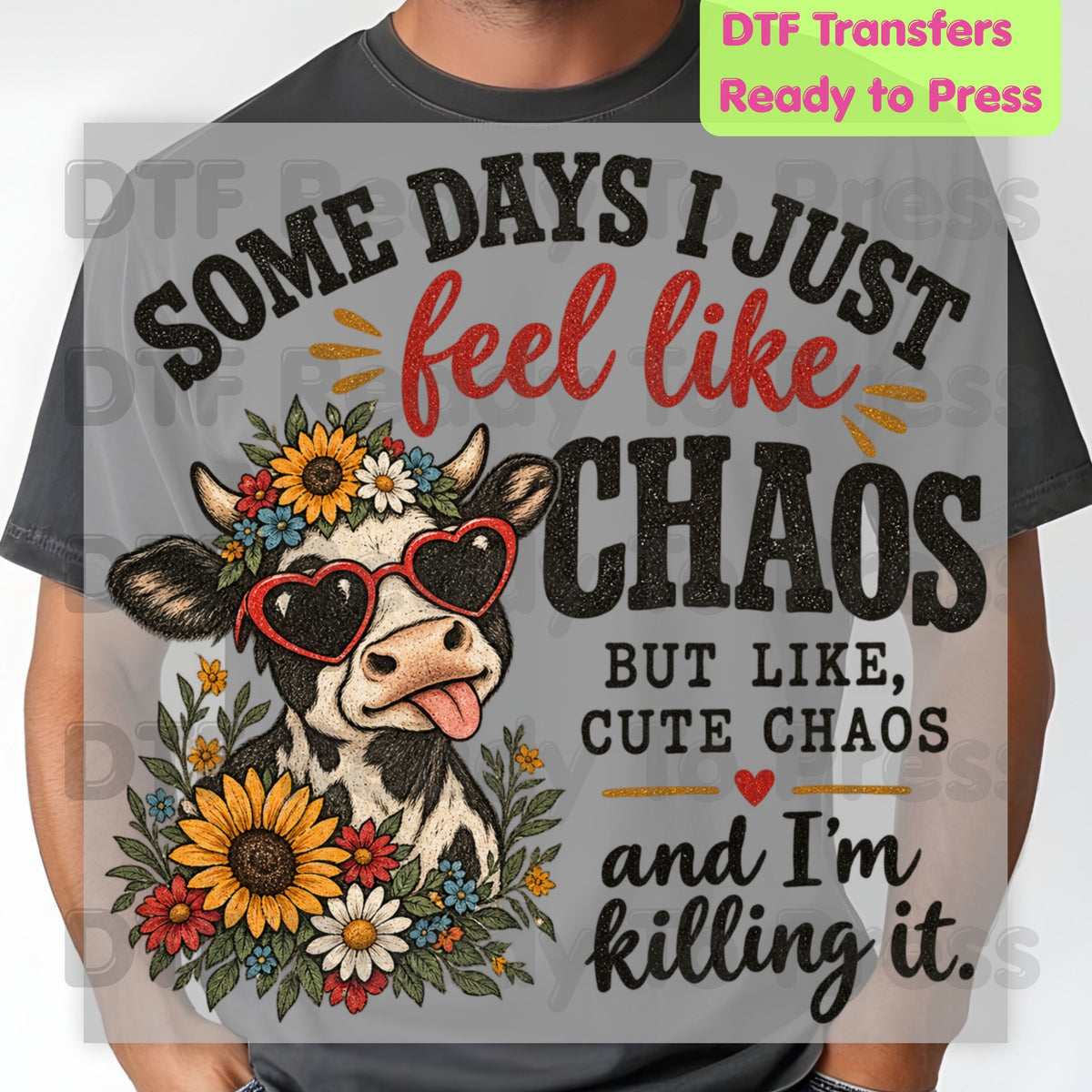 Cute Chaos Cow DTF Transfers, Western Farm Sunflower Glasses Glitter Cowgirl Ready to Press