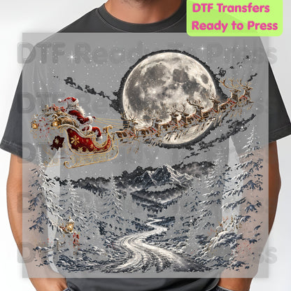 Christmas Santa DTF Transfers, Sleigh Flying Over Full Moon Vintage Winter Forest Ready to Press