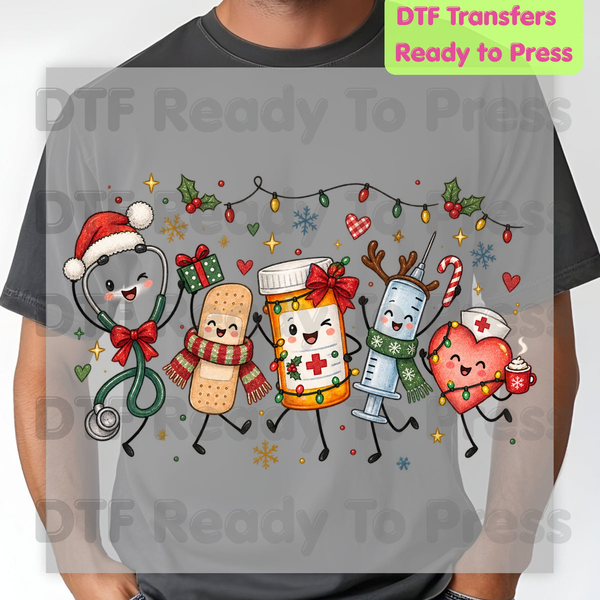 Christmas Nurse Squad DTF Transfers, Holiday Medical Syringe Pill Bottle Stethoscope Ready to Press
