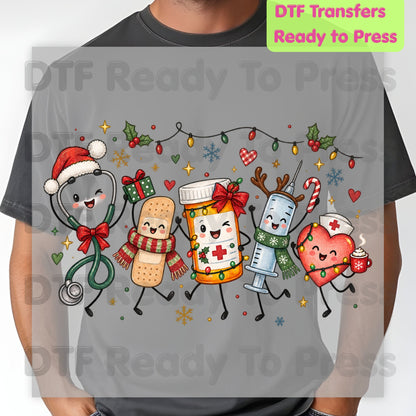 Christmas Nurse Squad DTF Transfers, Holiday Medical Syringe Pill Bottle Stethoscope Ready to Press