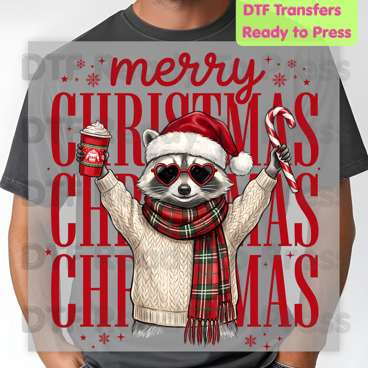 Merry Christmas Raccoon DTF Transfers, Coffee Candy Cane Festive Holiday Ready to Press