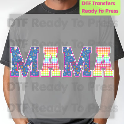 Mama DTF Transfers, Floral Plaid Rainbow Pastel Retro Mama Ready to Press