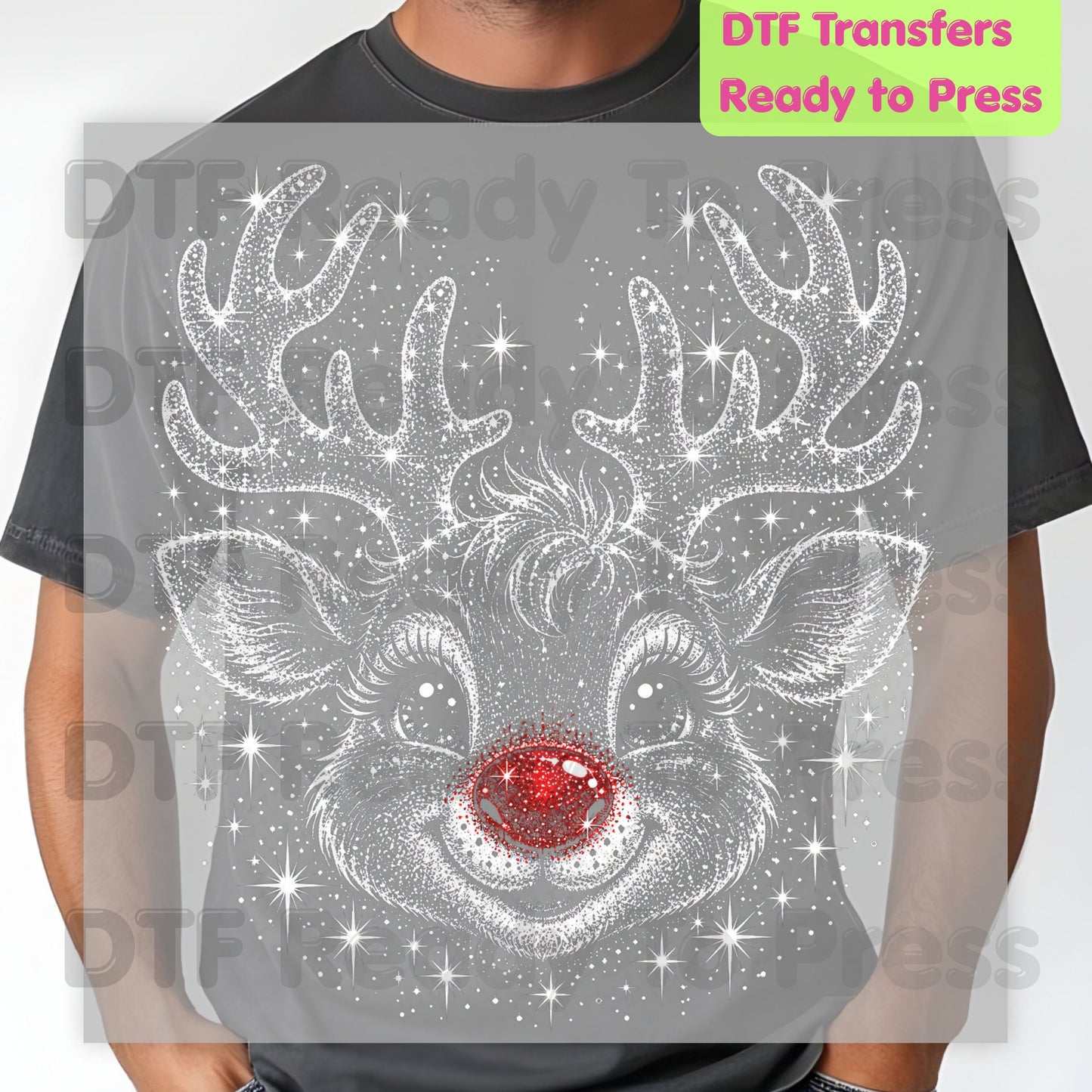 Christmas Reindeer DTF Transfers, Red Nose Rudolph Festive Winter Sparkle Cute Holiday Ready to Press