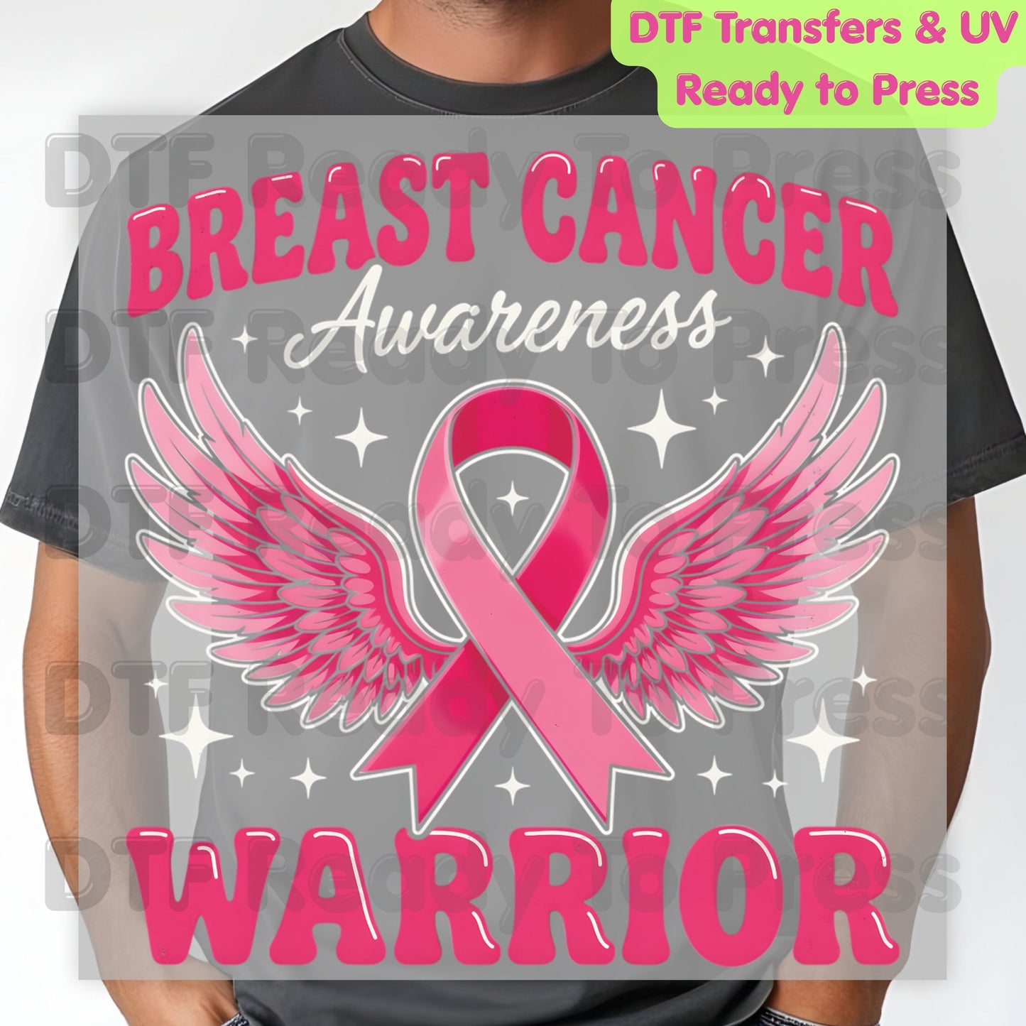 Breast Cancer Warrior DTF Transfer Ready to Press Heat Transfer Pink Ribbon Angel Wings Awareness Tee