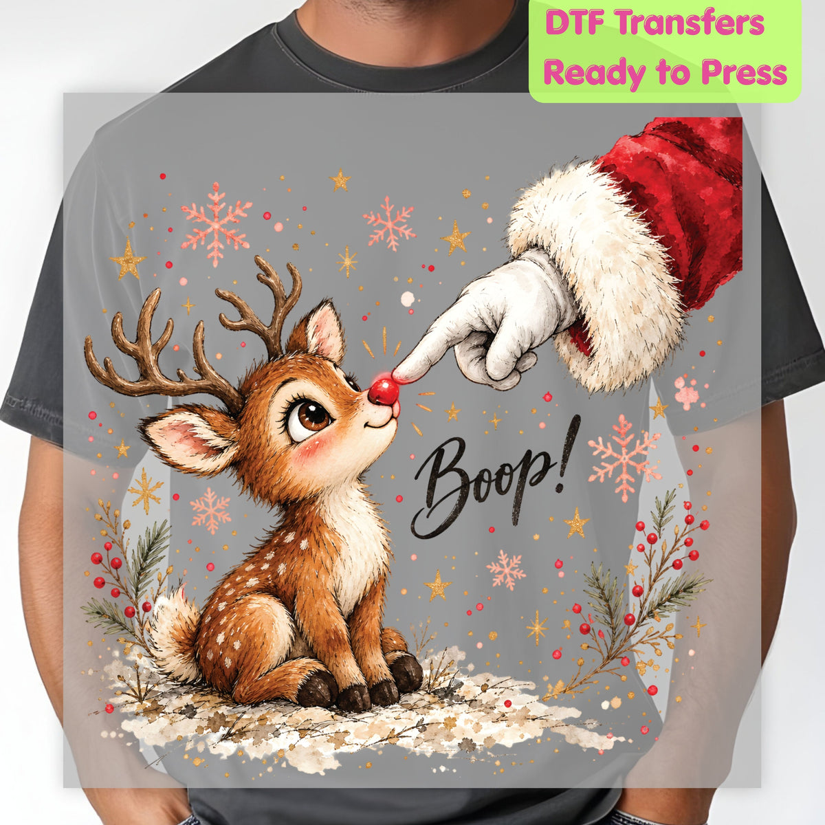 Christmas DTF Transfer, Boop Cute Reindeer Santa Red Nose