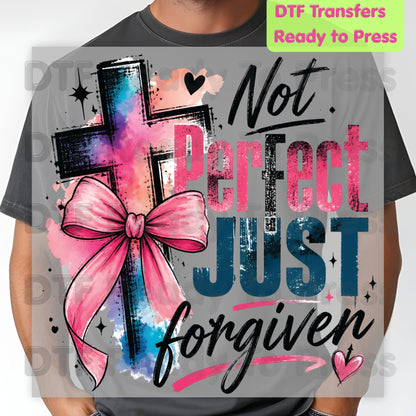 Christian DTF Transfer Not Perfect Just Forgiven Religious Transfer Ready to Press Heat Transfer for Shirts Watercolor Cross Pink Bow Tee