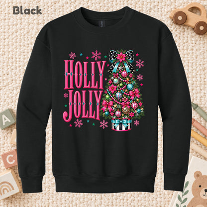 Pink Christmas Tree T-Shirt, Holly Jolly Bow and Snowflake Graphic Tee, Cute Holiday Shirt