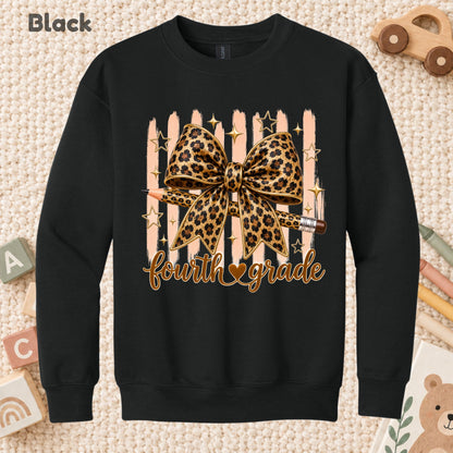 Fourth Grade Leopard Bow Pencil T-Shirt, Cute Back to School Tee for Toddler and Kids