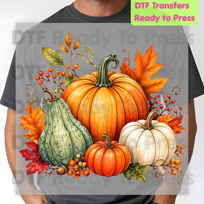 Fall Pumpkin DTF Transfer, Watercolor Harvest Gourd and Leaves Ready to Press