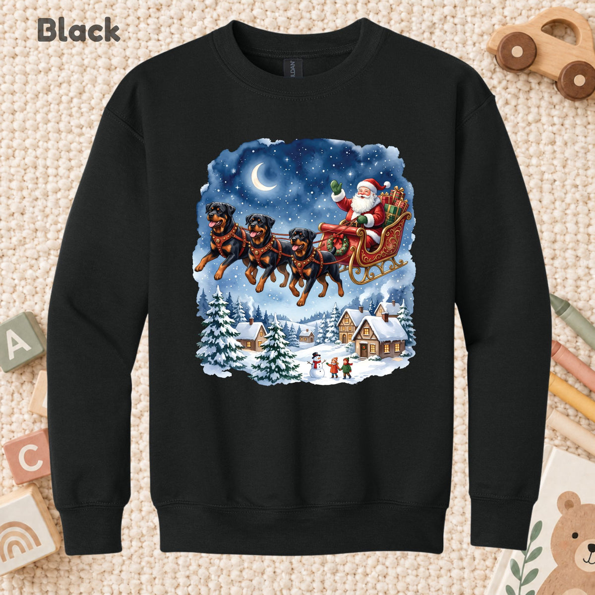 Rottweiler Christmas T-Shirt, Santa Sleigh with Flying Dogs Graphic Tee, Funny Dog Lover Holiday Shirt