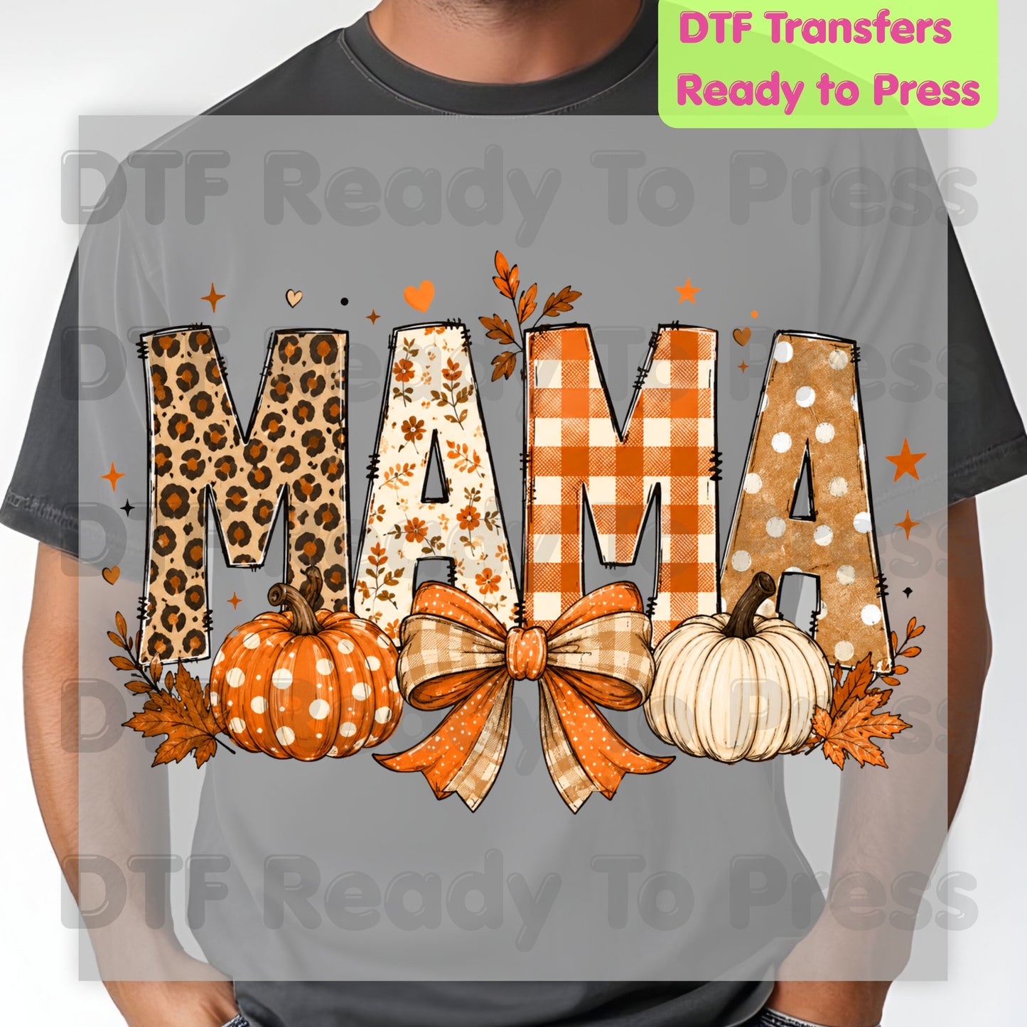 Fall Mama Pumpkin DTF Transfers, Leopard Plaid Varsity Letters Autumn Leaves Bow Thanksgiving Mom