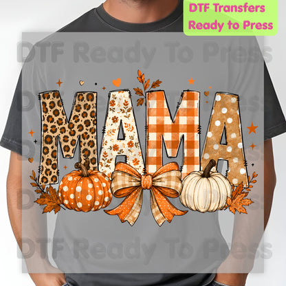 Fall Mama Pumpkin DTF Transfers, Leopard Plaid Varsity Letters Autumn Leaves Bow Thanksgiving Mom
