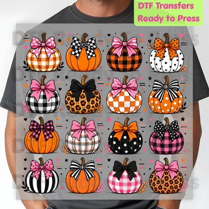 Coquette Bow Pumpkin Halloween DTF Transfers, Pink Plaid Leopard Spooky Ready to Press