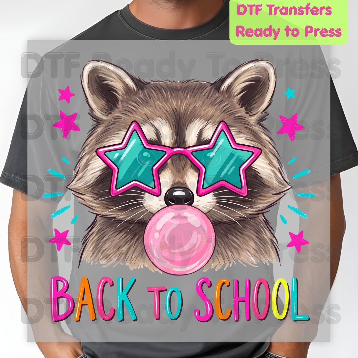 Back to School Raccoon DTF Transfers, Star Sunglasses Bubblegum Trash Panda Ready to Press