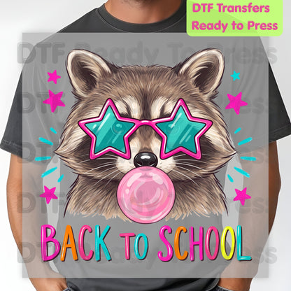 Back to School Raccoon DTF Transfers, Star Sunglasses Bubblegum Trash Panda Ready to Press