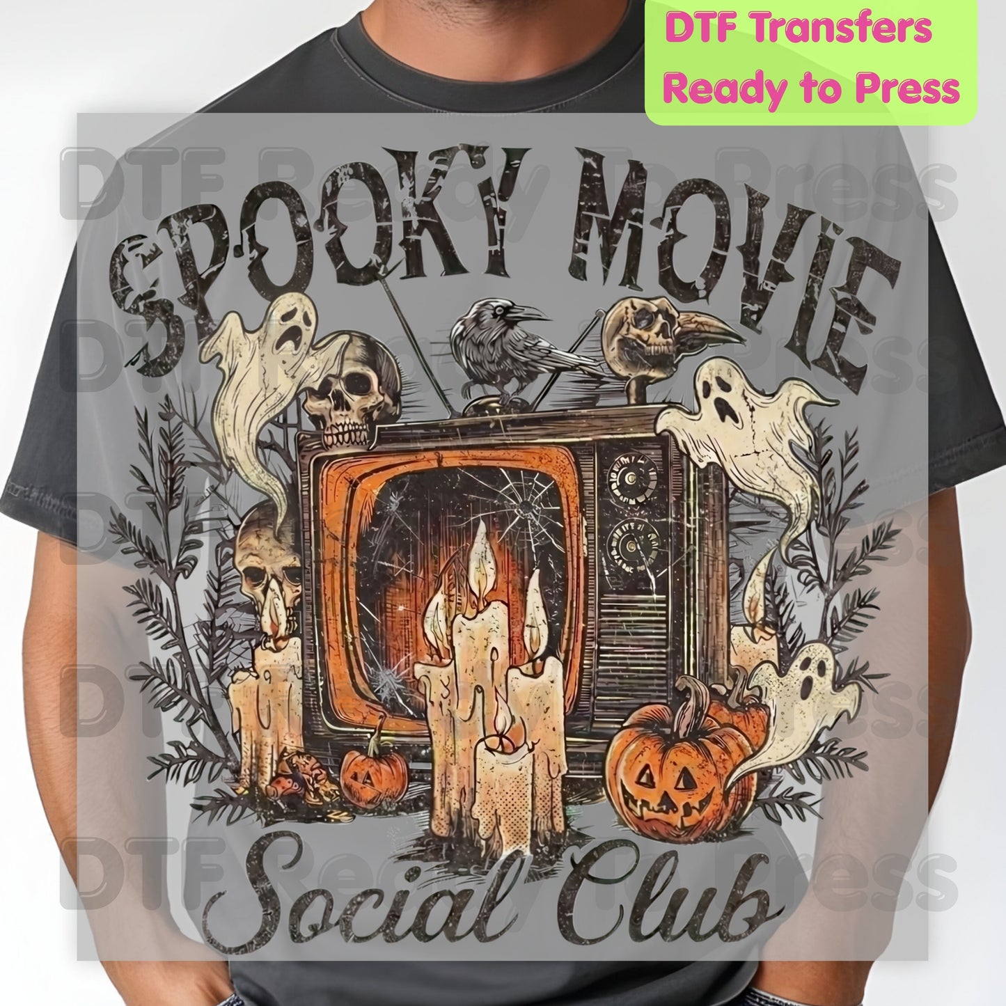 Spooky Movie Social Club DTF Transfers, Vintage Horror TV Ghosts Pumpkin Candles Halloween Ready to Press