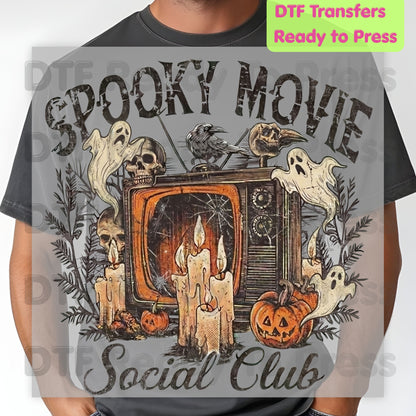 Spooky Movie Social Club DTF Transfers, Vintage Horror TV Ghosts Pumpkin Candles Halloween Ready to Press
