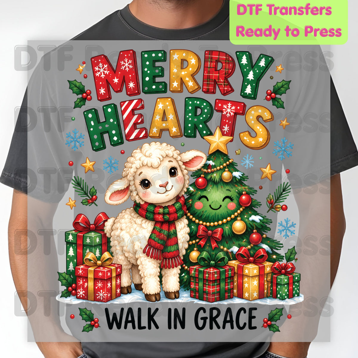 Christmas DTF Transfer, Walk in Grace Lamb, Merry Hearts Christmas Tree
