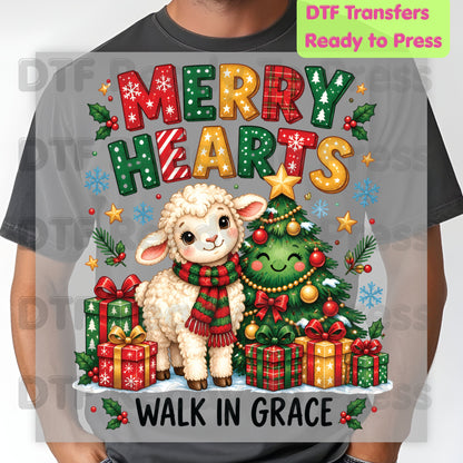 Christmas DTF Transfer, Walk in Grace Lamb, Merry Hearts Christmas Tree