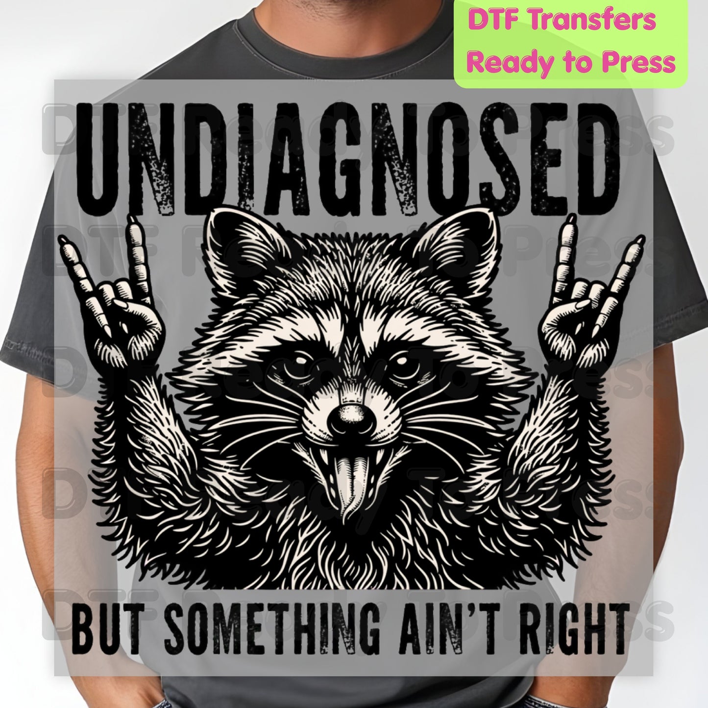 Funny Raccoon DTF Transfers, Undiagnosed but Something Ain't Right Rock On Metal Horns Trash Panda Adult Humor Ready to Press