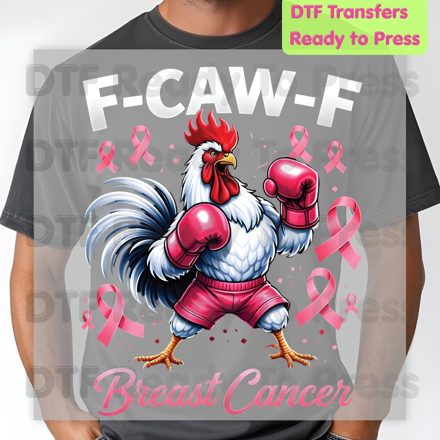Breast Cancer DTF Transfer Ready to Press Fighter Rooster Boxing Gloves Pink Ribbons Heat Transfer Tee Print Direct to Film