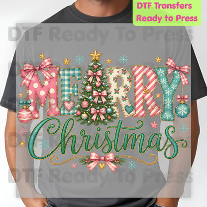 Christmas DTF Transfer, Merry Christmas Tree with Pastel Pink Bows