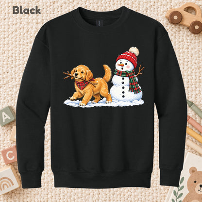 Golden Retriever Christmas T-Shirt, Puppy and Snowman Plaid Scarf Tee, Cute Winter Sweatshirt